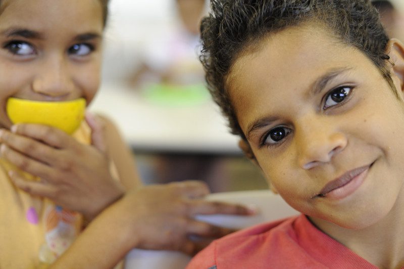 Aiden, 10 and his sister Tapaea, 7 both attend the Mornington Island Breakfast Program, funded by Oxfam Australia. Photo: Lara McKinley/OxfamAUS