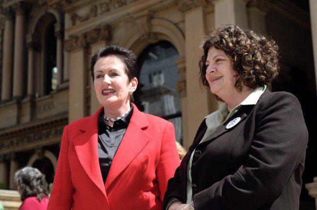 Lord Mayor of Sydney Clover Moore MP and Oxfam Australia's Kelly Dent outside the Sydney Town Hall