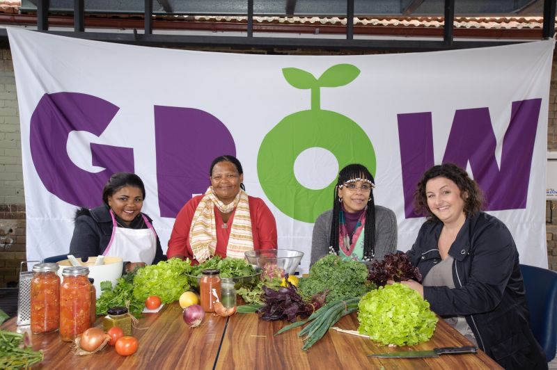 Women from South African organisation 'Women on Farms' meet with GROW ambassador Julie Goodwin. Photo: Michael Myers/OxfamAUS