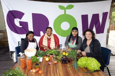 Julie Goodwin meets Roseline, Gertruida and Collette, farmers from South Africa, who’ve benefitted from Oxfam’s programs. Photo: Michael Myers/OxfamAUS Julie Goodwin meets Roseline, Gertruida and Collette, farmers from South Africa, who've benefitted from Oxfam's programs. Photo: Michael Myers/OxfamAUS