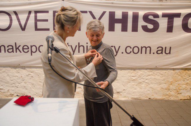 Anne Batt received a medal in recognition for 52 years of volunteering for Oxfam from The Minister for International Development, Melissa Parke. Photo: Tomas Pradas