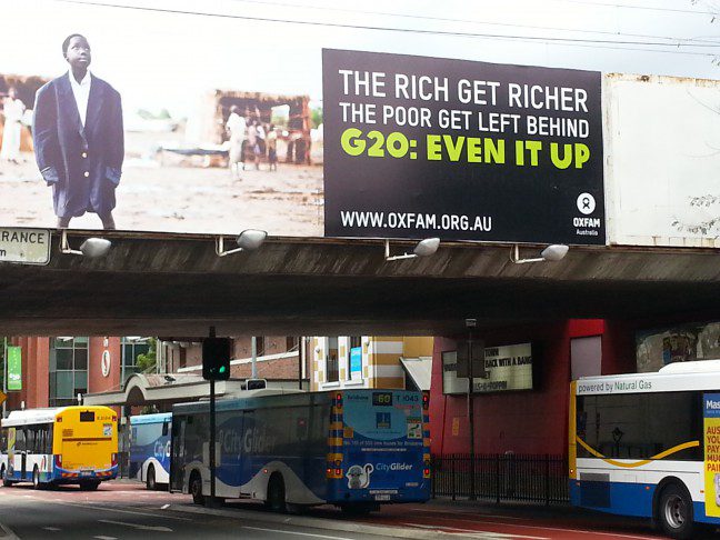 Oxfam Australia's message to G20 World Leaders in Melbourne St South Brisbane. Photo: Ann Matson/OxfamAUS