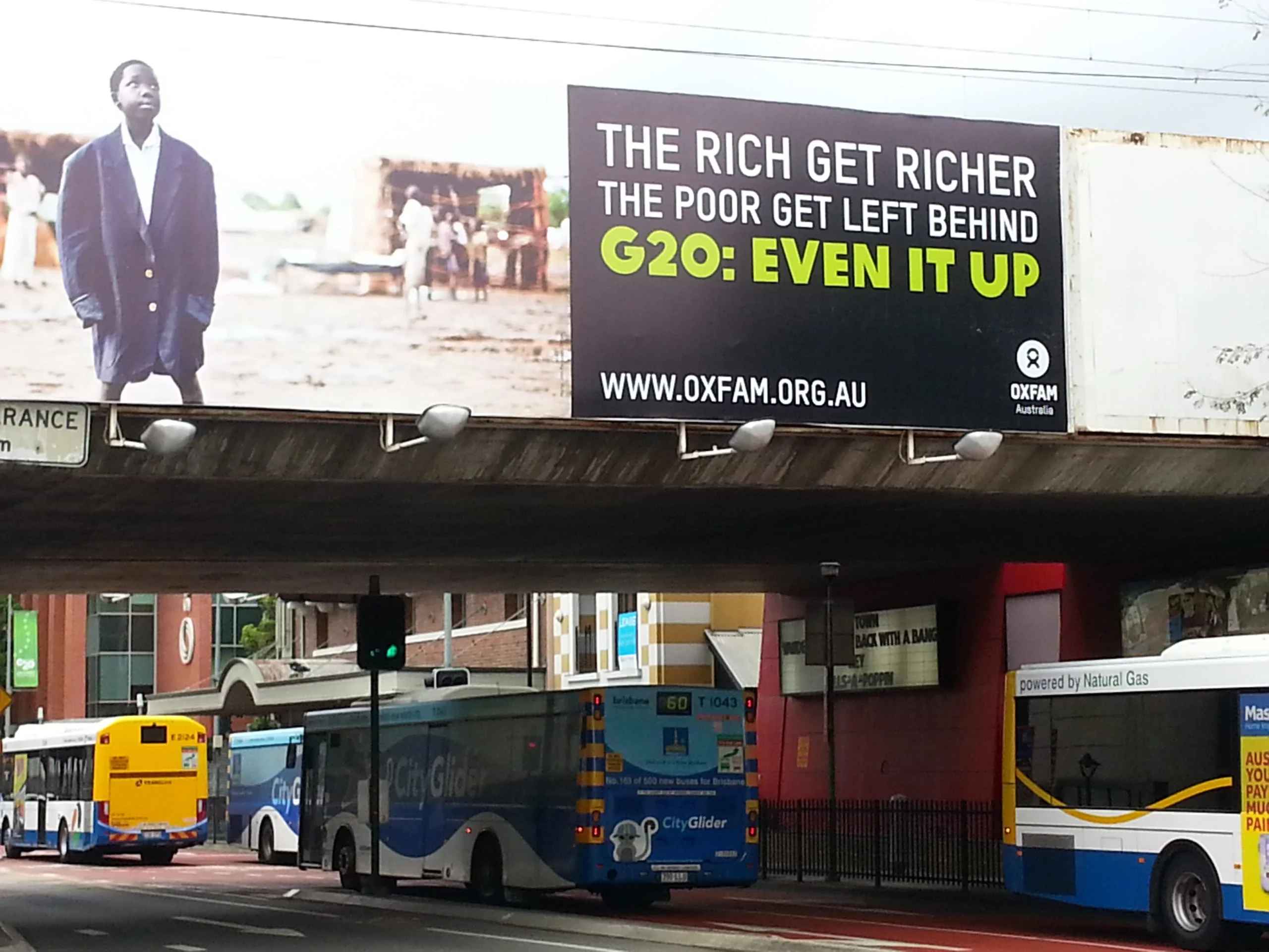 Oxfam Australia's message to G20 World Leaders in Melbourne St South Brisbane. Photo: Ann Matson/OxfamAUS