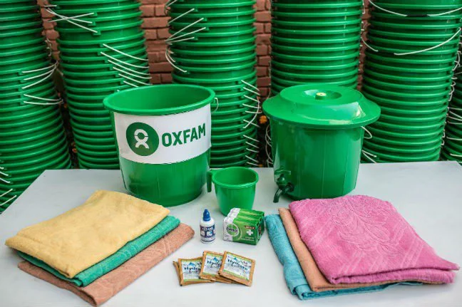 Hygiene kits which include, buckets, chlorine bottles, towels and soap are being distributed to families.