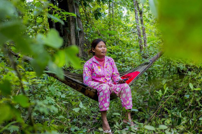 Phorn Sopheak was asleep in a hammock in Prey Lang Forest when someone slashed her foot with a blade. No-one knows who did it. But Sopheak suspects it was one of the illegal loggers who often threaten her for speaking out against them. Photo: Savann Oeurm/Oxfam.