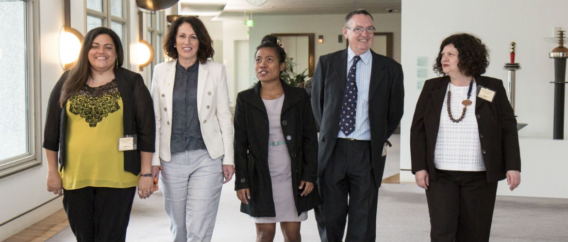 Kiribati youth climate activist, Tinaai Teaua (centre), with some of the more than 20 Australians who met with key decision-makers at Parliament House in Canberra recently to urge stronger action on climate change. Photo: Jennifer Nagy/OxfamAUS