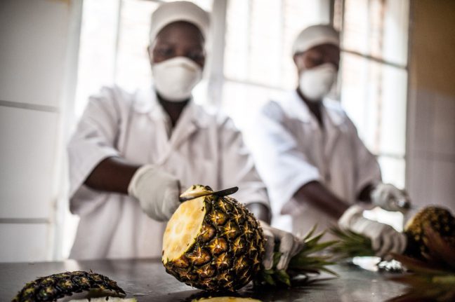 Kirehe district, Rwanda: Workers peel pineapples at the Tuzamurane pineapple cooperative processing plant in Eastern Rwanda. Photo: Aurelie Marrier d’Unienville/Oxfam. Kirehe district, Rwanda: Workers peel pineapples at the Tuzamurane pineapple cooperative processing plant in Eastern Rwanda. Photo: Aurelie Marrier d’Unienville/Oxfam.