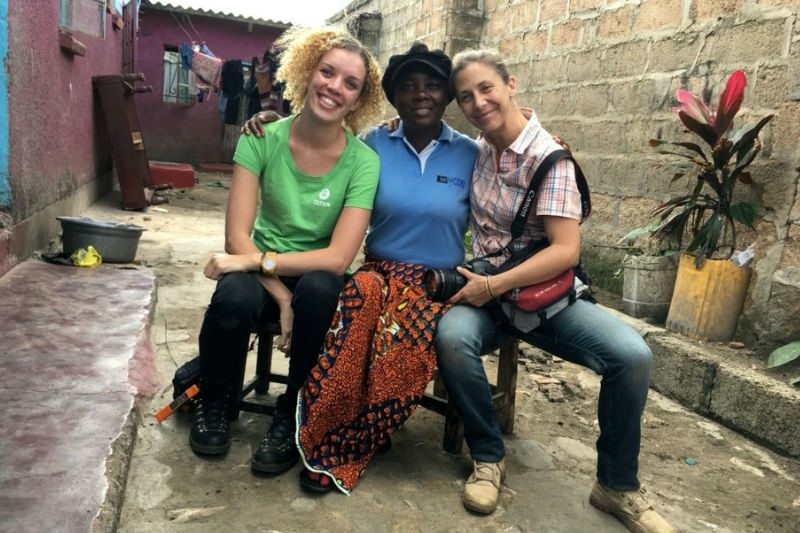 Photo above: Irene (centre), Photographer Georgina Goodwin (right) and myself at Irene’s home in Lusaka. Irene introduced us to her family and showed us how she trains her community to stay safe from cholera