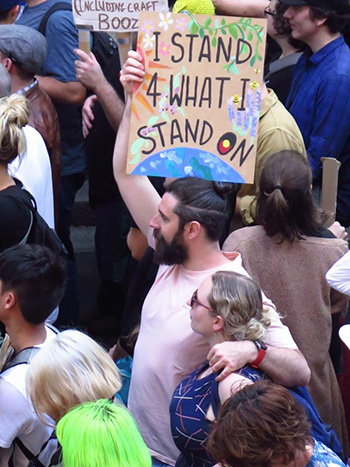 #Climatestrike placard – I stand for what I stand on! Photo: Jenny Templin #Climatestrike placard with Indigenous justice message - I stand for what I stand on!