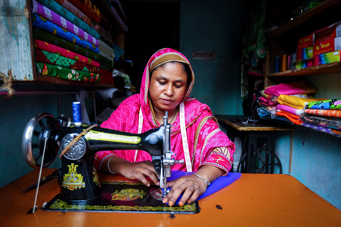 Garment worker sewing in Bangladesh