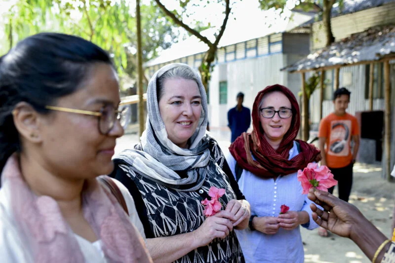Bakshiganj, Jamalpur, Bangladesh: Oxfam Australia's Chief Executive Lyn Morgain (middle) and programs staff Anthea Spinks (right) with Adeeba Hanif, during their trip to see the Australian government funded REE-CALL program.