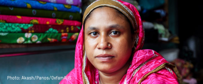 Shabana, a former textile worker and Rana Plaza survivor, pictured at her tailor shop where she now works in Dhaka’s Savar region. what she makes