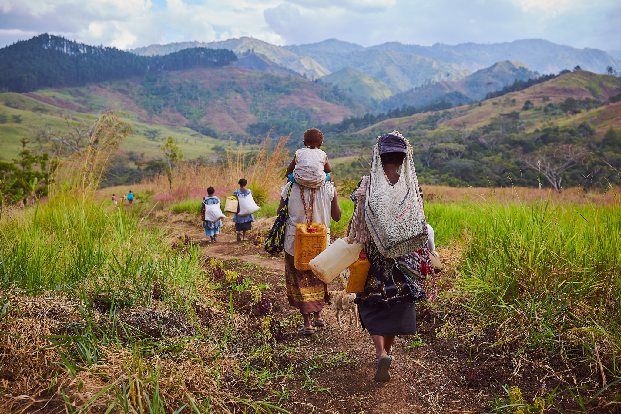 Goroka, Papua New Guinea: Morume Wahua, Alieh Timothy, Nancy and Solo Bob* and Helen John walk down to their local water hole to collect water for their families. Photo: Patrick Moran/OxfamAUS