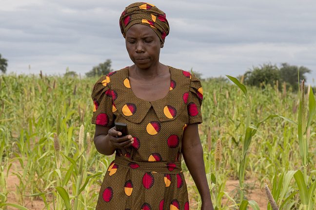 Sifiso reads a text message detailing weather conditions in her area. Photo: Cynthia Matonhodze/Oxfam
Sifiso reads a text message detailing weather conditions in her area. Photo: Cynthia Matonhodze/Oxfam