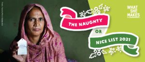 woman with clothing tag and banner that says naughty or nice. Christmas theam