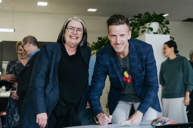 Oxfam CE Lyn Morgain and David Jago - grandson of Aboriginal political activist and community leader William Cooper