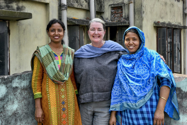 Dhaka, Bangladesh: Oxfam Australia's Chief Executive Lyn Morgain with garment worker *Parvin , Trade Union Leader rabeya Akhter. Dhaka, Bangladesh: Oxfam Australia's Chief Executive Lyn Morgain with garment worker *Parvin , Trade Union Leader rabeya Akhter.