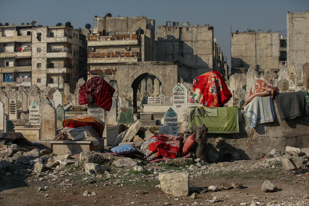 Families from Aleppo, escaped their homes when their buildings cracked by a 7.7 magnitude earthquake that hit Syria on 6 February, and are now staying in a cemetery in AlSalheen of Aleppo. Southeast Turkiye and Syria earthquake