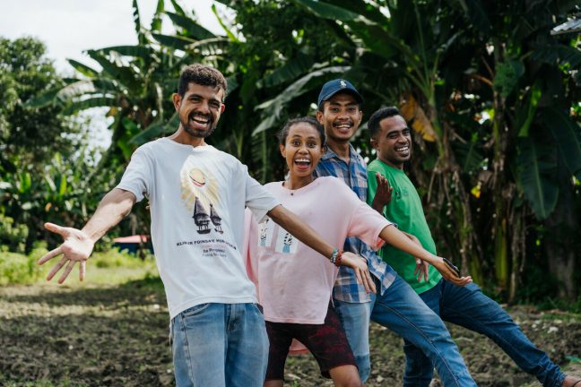Hera, Timor-Leste: (L-R) Domingas Pereira, Milena Sarmento, Zenito Sarmento and .Julio da Silva Sarmento.from Youth Empowerment for Future (YEFF), who are advocating for a more diversified economy and specific budgetary support for agriculture in Timor-Leste, at their farm in Hera, outside Dili. Hadalan is Oxfams core influencing program in Timor-Leste that seeks to push for a more diversified economy, influence national debates, budgets and policy and bring youth, women, persons with disabilities, farmers and people in the municipalities to the table.