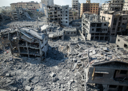 The severe destruction in Al Remal area in Gaza caused by the Israeli airstrikes during the escalation that started Saturday, Oct 8, 2023. Photo: Marwan Sawwaf/ Alef Multimedia/ Oxfam