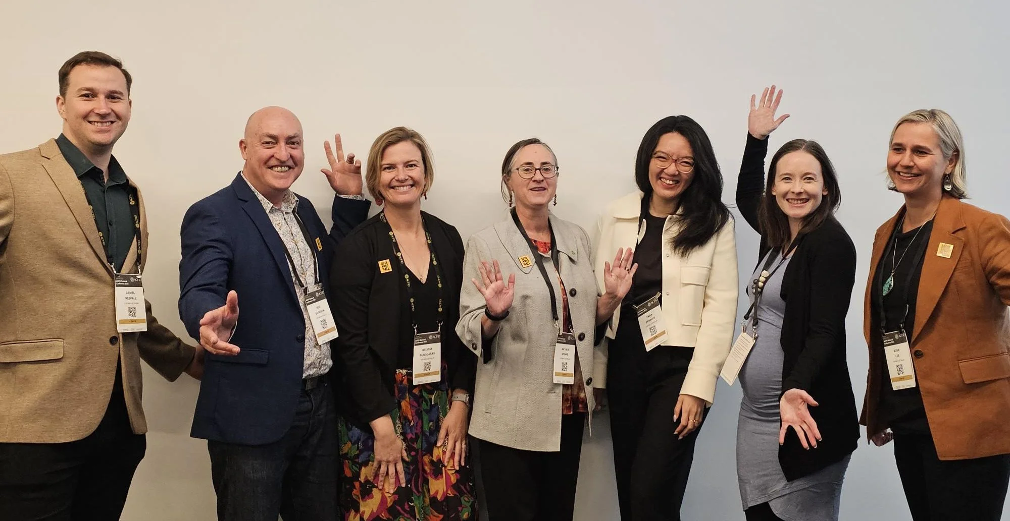 Top, left to right: Daniel Respall, Rod Goodbun, Melissa Bungcaras, Anthea Spinks, Tiara Permadi, Elsa Carnaby, Josie Lee. Photo: Oxfam 2023 ACFID Conference: Left to right: Daniel Respall, Rod Goodbun, Melissa Bungcaras, Anthea Spinks, Tiara Permadi, Elsa Carnaby, Josie Lee. Photo: Oxfam